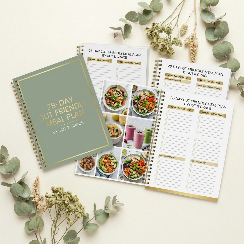 Meal plan book with images of meals and text on a light background with greenery.