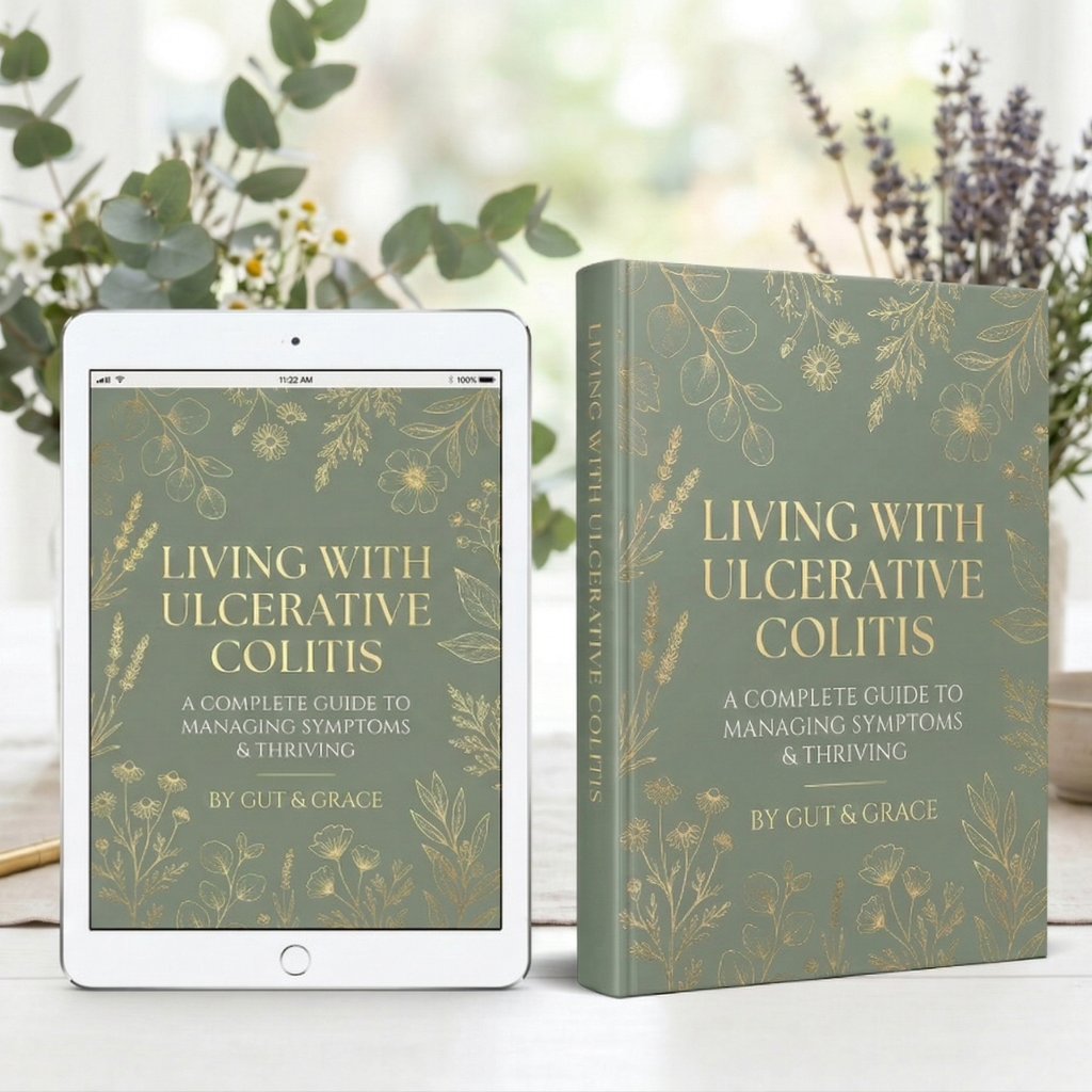 Book titled 'Living with Ulcerative Colitis' by Gut & Grace next to an iPad displaying the same book cover.